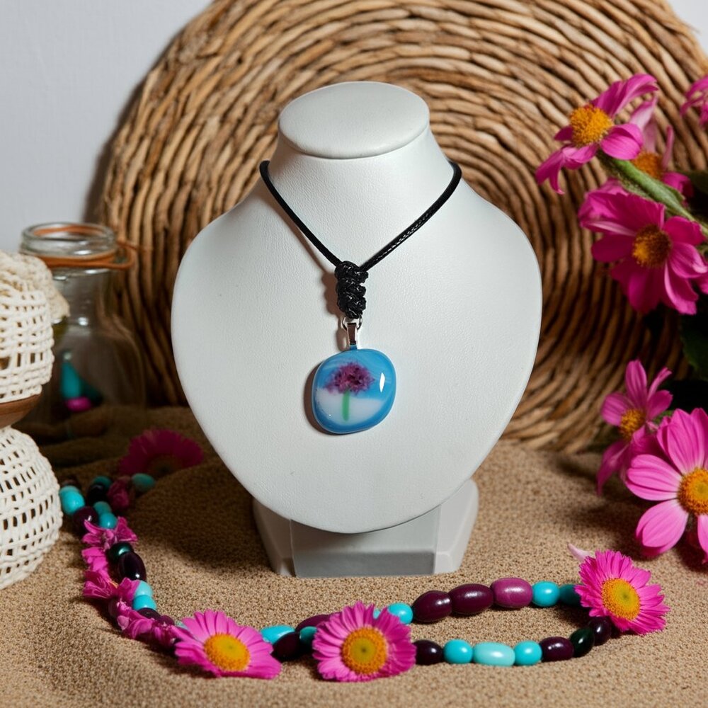OOAK bright floral pendant necklace, Handcrafted art glass flower jewelry